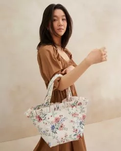 Loeffler Randall Claire Cream Floral Ruffle Tote