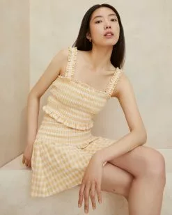 Loeffler Randall New Arrivals Fiona Tan Gingham Smocked Camisole