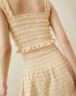 Loeffler Randall New Arrivals Fiona Tan Gingham Smocked Camisole