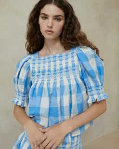 Loeffler Randall Lydie Blue Gingham Smocked Top New Arrivals