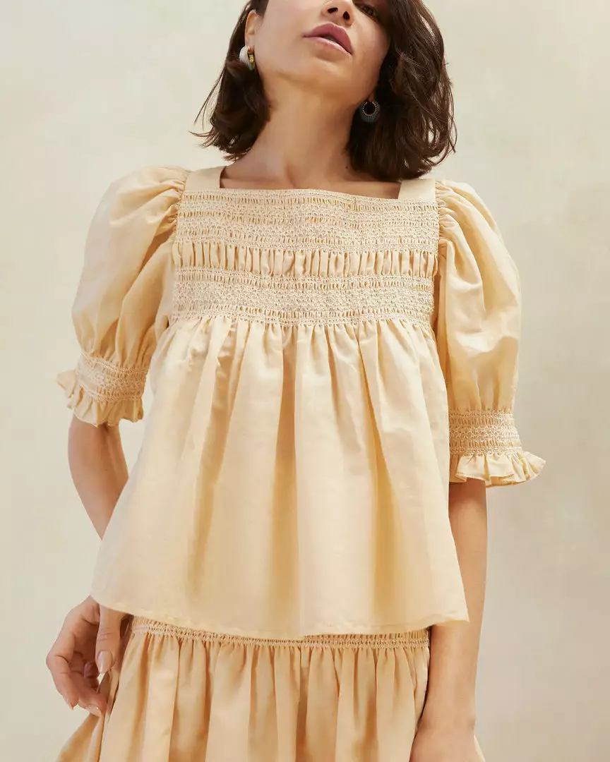 Loeffler Randall Lydie Sand Ecru Smocked Top New Arrivals 3 Loeffler Randall Lydie Sand Ecru Smocked Top New Arrivals