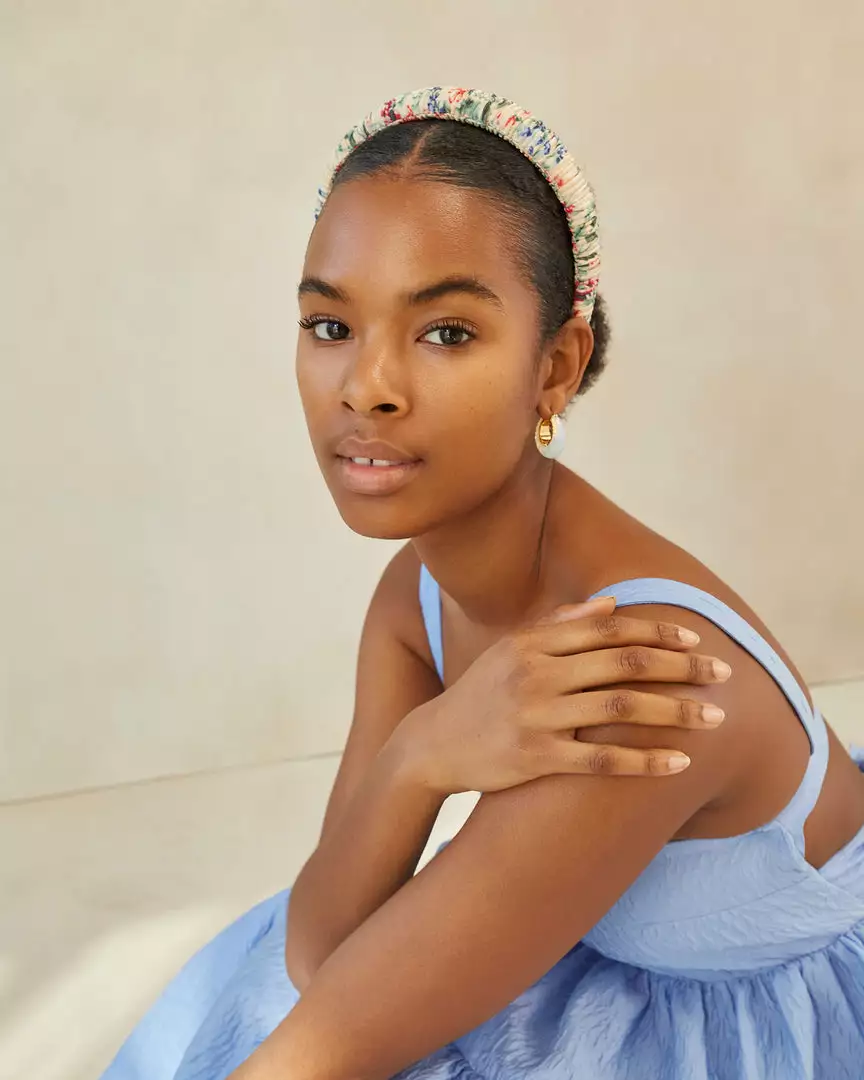 Loeffler Randall Marina Tan Floral Puffy Headband Pleats 5 Loeffler Randall Marina Tan Floral Puffy Headband Pleats