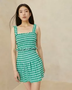 Loeffler Randall Siena Green Gingham Smocked Skirt New Arrivals