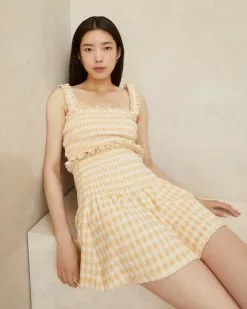 Loeffler Randall New Arrivals Siena Tan Gingham Smocked Skirt